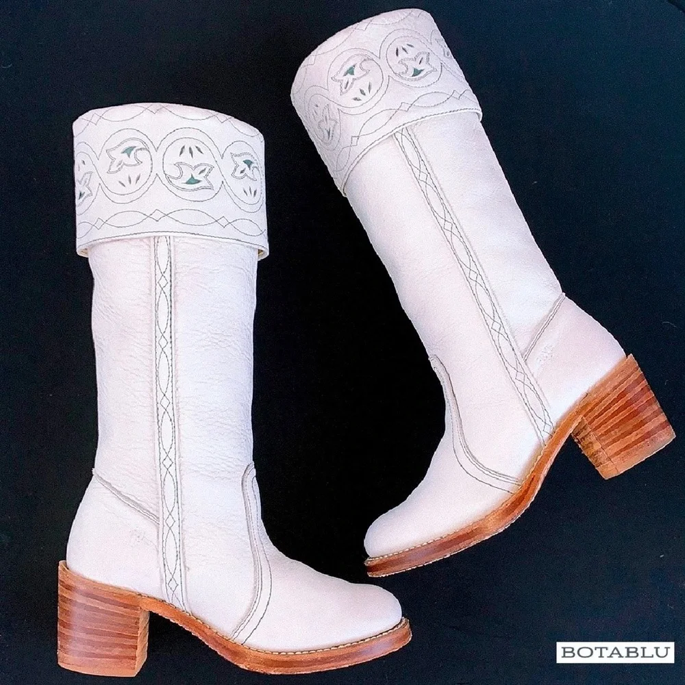 SOLD FRYE Vintage White Sabrina Campus Tooled Cuff Tall Knee High Western Boots - Picture 4 of 12